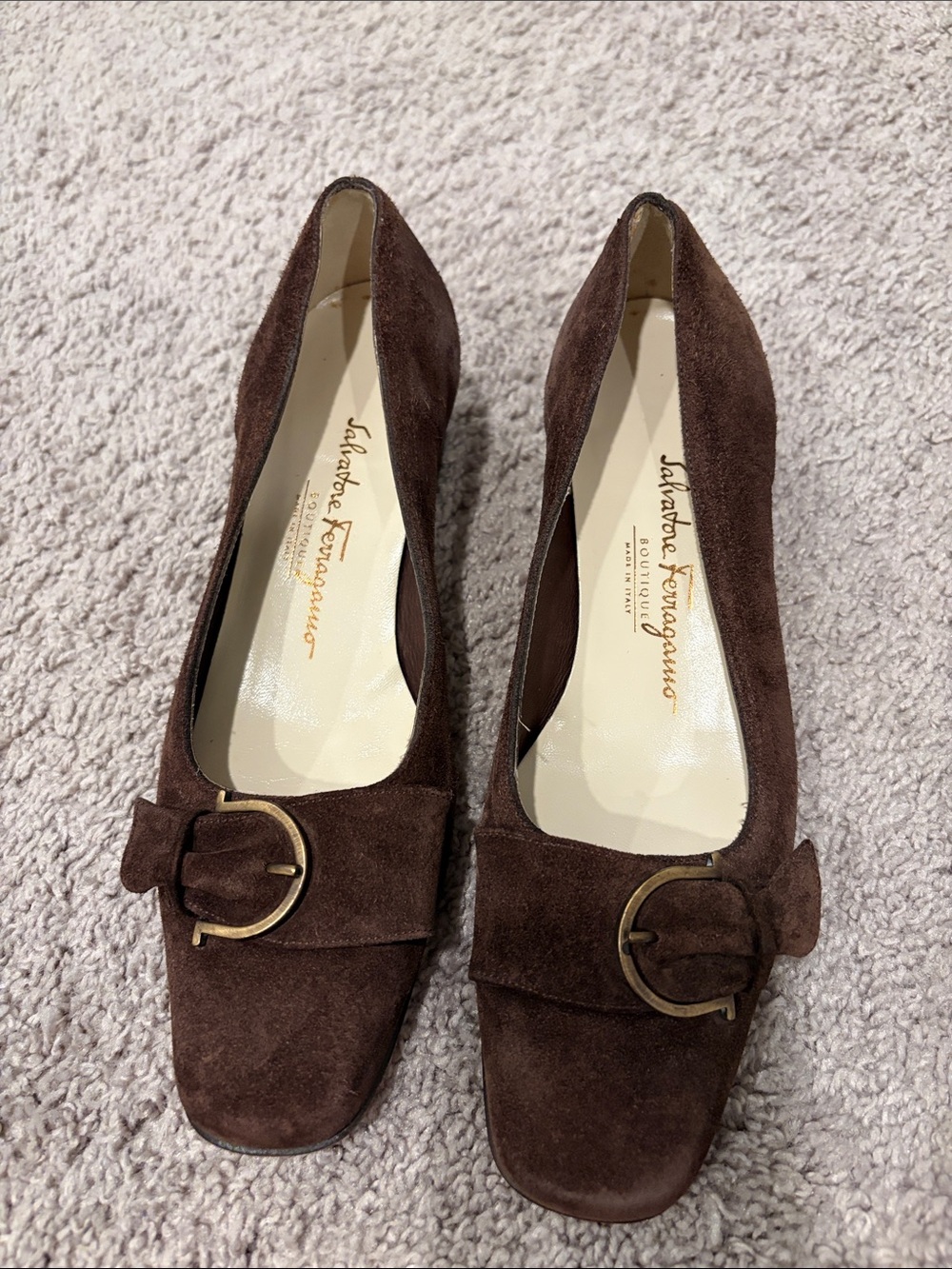 Salvatore Ferragamo Vintage Chocolate Brown Suede Bow Pumps with Gold Buckle
